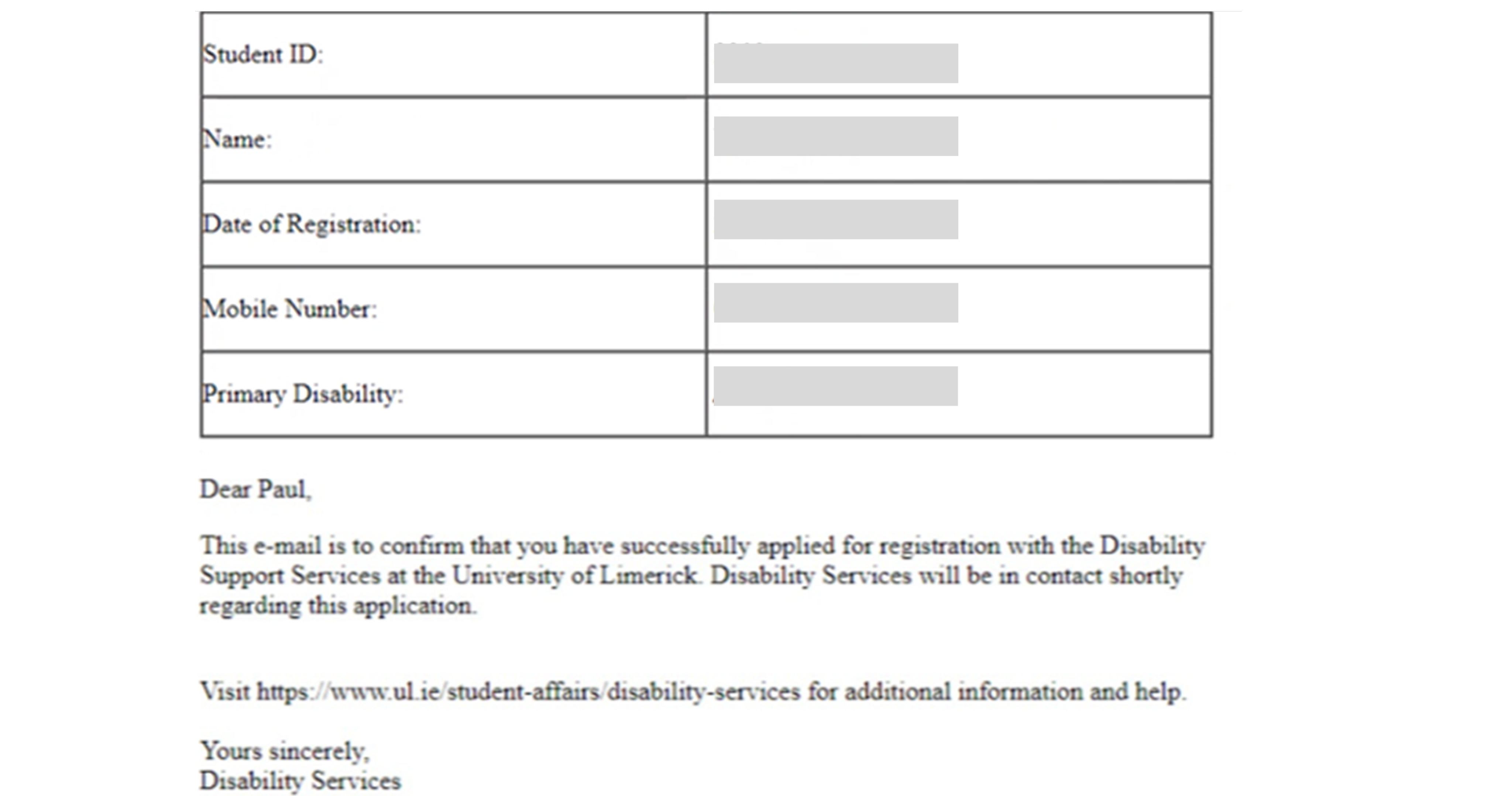 Original DSS confirmation email received by students after form submission