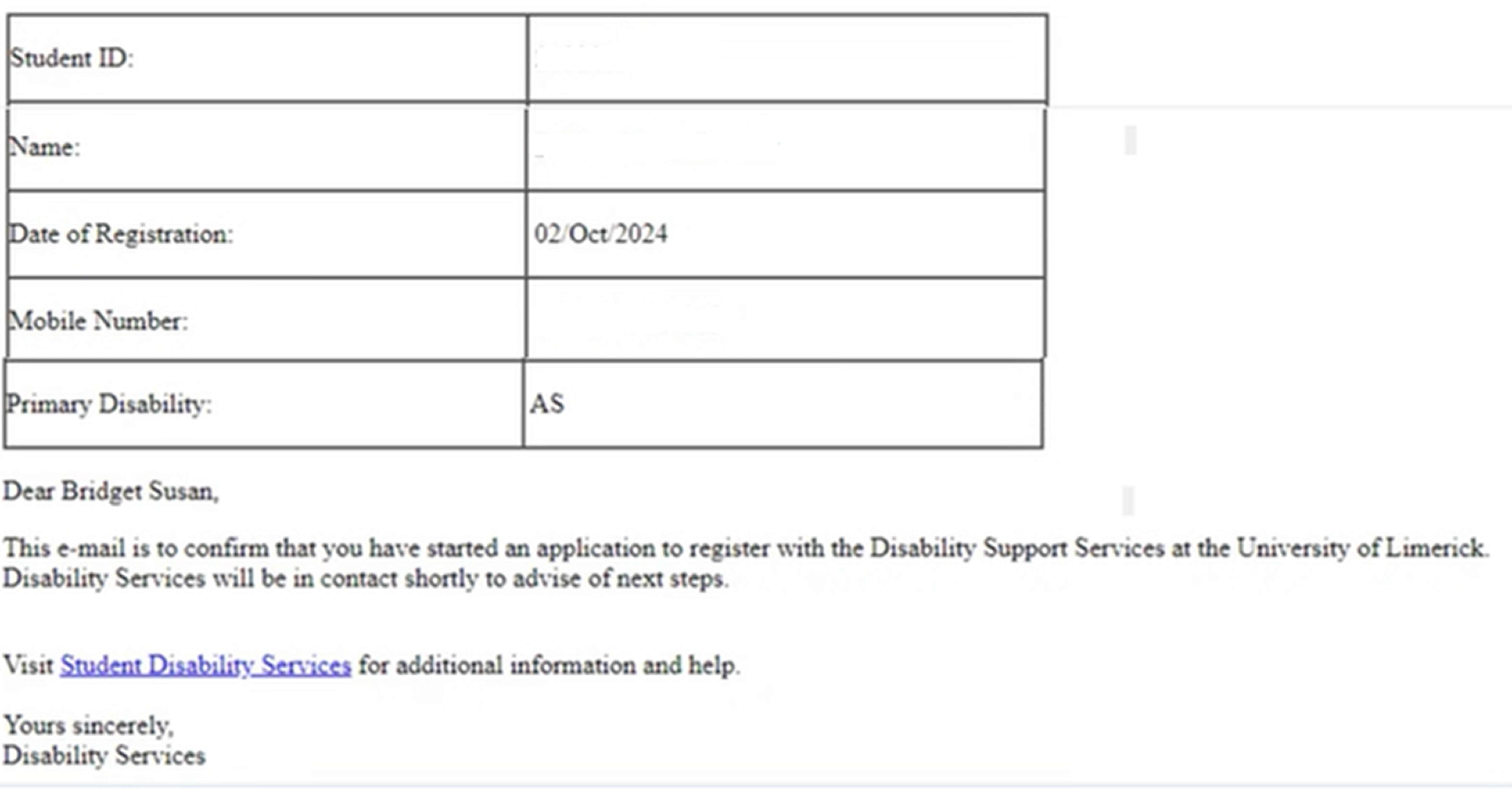 Redesigned DSS confirmation email received by students after form submission