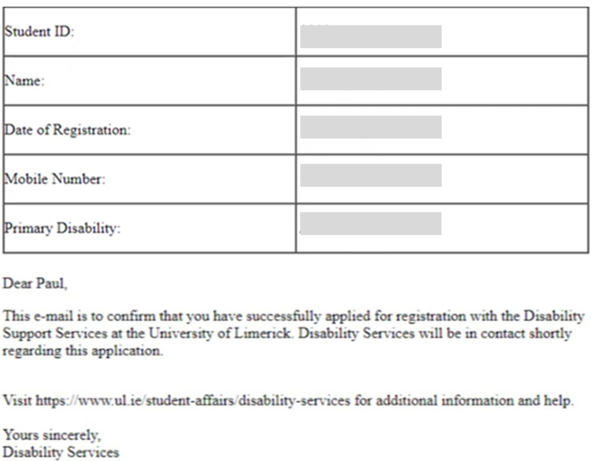 Original DSS confirmation email received by students after form submission